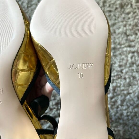 J. Crew Millie Bow Ankle Strap Heels in Metallic Croc Embossed Leather Gold 10 - Picture 12 of 12